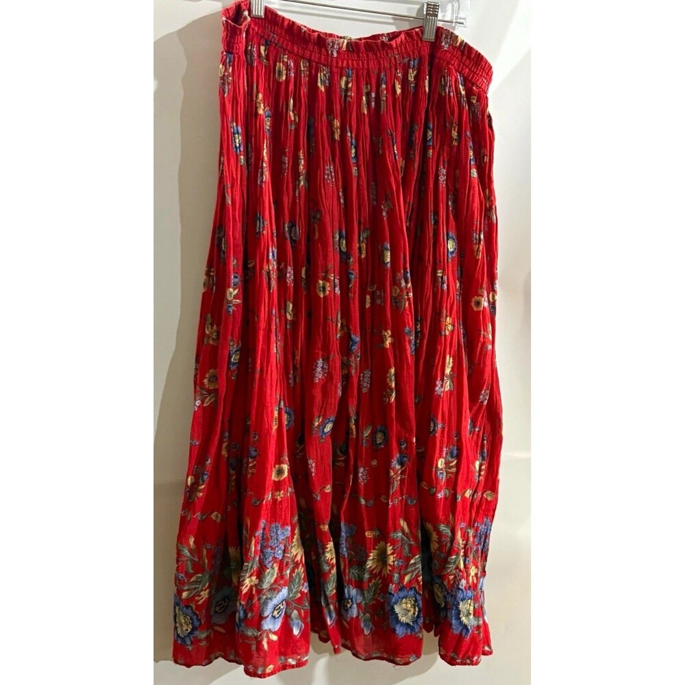 Rhythm Blue Women's Red Floral Woven Cotton Pleated A-Line Maxi Skirt L